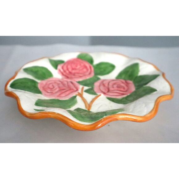 Vintage Fleurs Du Jardin Hand Painted Rose Plate Pink Embossed Wavy 8" Dessert - Picture 3 of 6